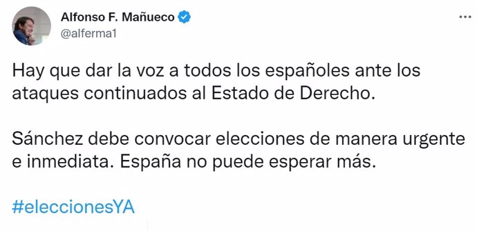 Mañueco insta a Sánchez a convocar elecciones de manera "urgente e inmediata" para "dar voz" a todos los españoles