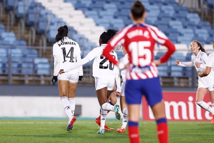 Kathellen Sousa Feitoza of Real Madrid celebrates a goal during the Women Spanish League, Liga F, football match played between Real Madrid and Atletico de Madrid at Alfredo di Stefano stadium on December 11, 2022, in Valdebebas, Madrid, Spain.