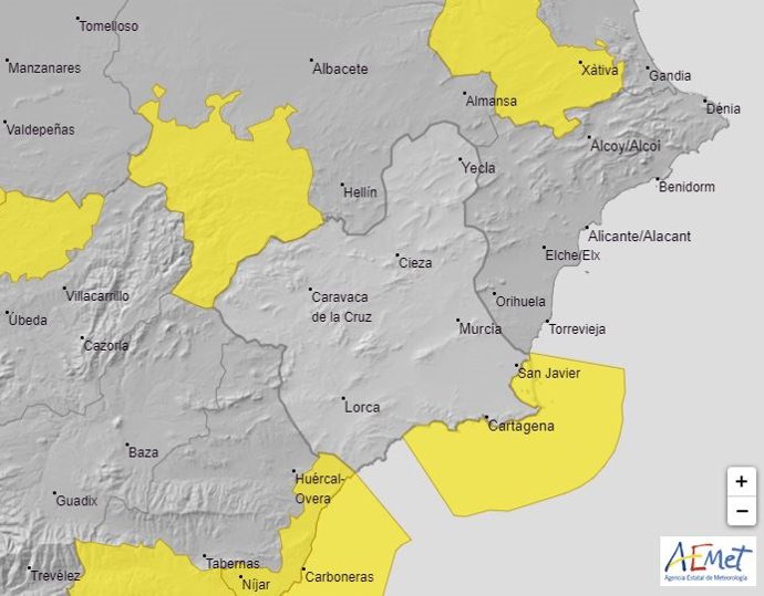 Mapa con los fenómenos meteorológicos activos en la Región