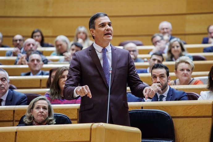 El presidente del Gobierno, Pedro Sánchez, interviene durante una sesión de control al Gobierno en el Senado, a 22 de noviembre de 2022, en Madrid (España). El PP intensifica su ofensiva contra el jefe del Ejecutivo centrándose en dos de los frentes que