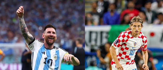 El jugador de Argentina Leo Messi y el jugador de Croacia Luka Modric