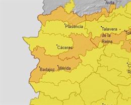 Avisos por lluvia amarillos y naranjas en Extremadura.