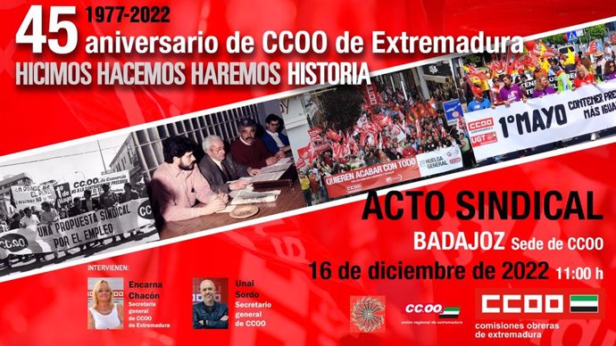 Cartel del 45 aniversario de CCOO en Extremadura