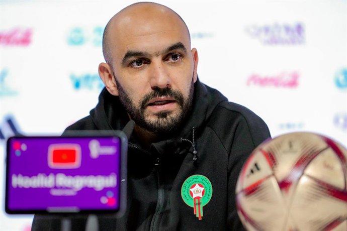 13 December 2022, Qatar, Doha: Morocco manager Walid Regragui speaks during a press conference for the Moroccan national soccer team at the Main Media Centre ahead of Wednesday's FIFA World Cup Qatar 2022 semifinal soccer match against France. Photo: Ni