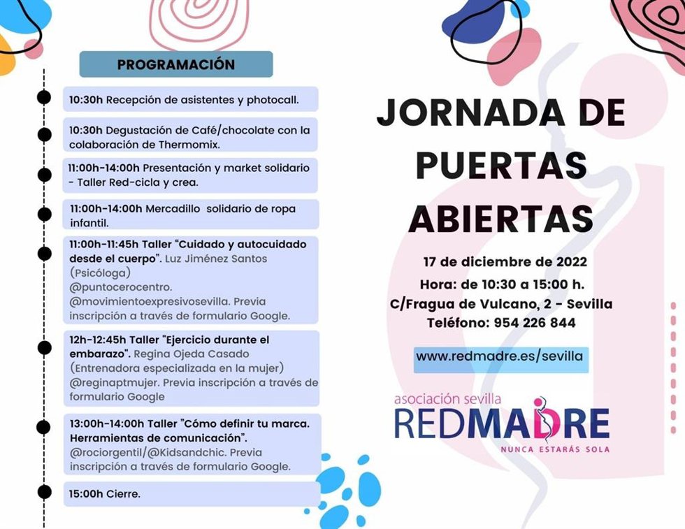 Cartel de las actividades de la 'Jornada de Puertas Abiertas' de Redmadre Sevilla.