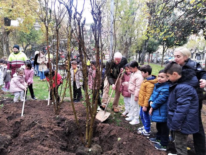 Una docena de árboles donados por 'Concéntrico' adquieren nueva vida plantados por escolares en el Parque Gallarza
