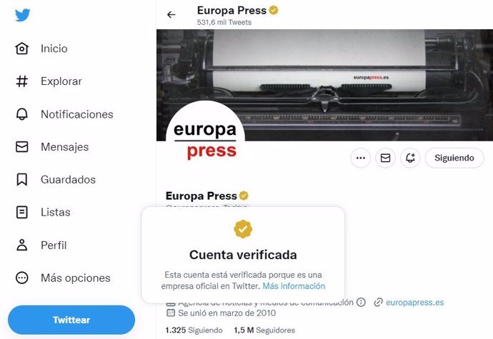 La cuenta de Twitter de Europa Press dispone de una distinción amarilla.