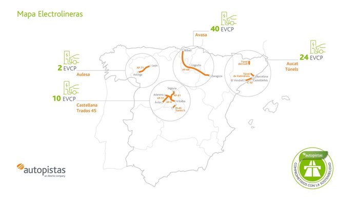 Mapa dels punts de recrrega d'Autopistas 
