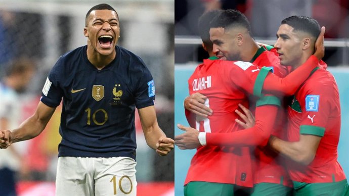 El delantero francés Kylian Mbappé (Izquierda) y los jugadores marroquíes En-Nesyri y Hakimi, en el Mundial de Catar.