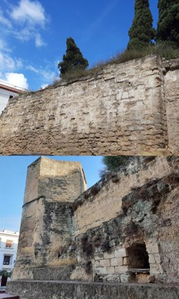 Estado que presentan el Muro de la Misericordia (arriba) y el torreón y la Puerta del Ricón (abajo).