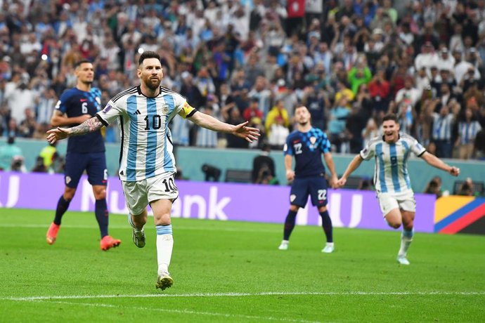 13 December 2022, Qatar, Lusail: Argentina's Lionel Messi celebrates scoring his side's first goal during the FIFA World Cup Qatar 2022 semi final soccer match between Argentina and Croatia at the Lusail Stadium. Photo: Maximiliano Luna/telam/dpa
