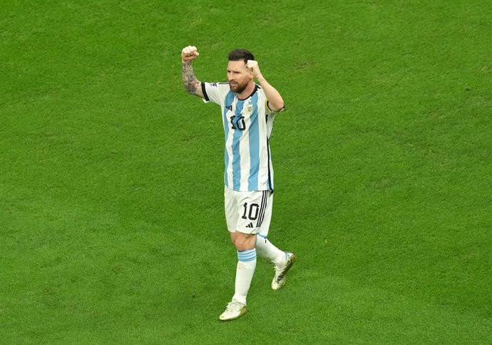 13 December 2022, Qatar, Lusail: Argentina's Lionel Messi celebrates scoring his side's first goal during the FIFA World Cup Qatar 2022 semi final soccer match between Argentina and Croatia at the Lusail Stadium. Photo: Martin Rickett/PA Wire/dpa