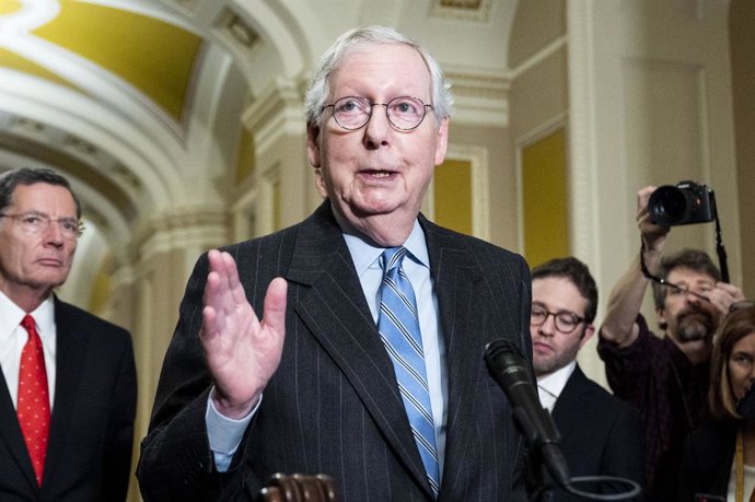 29 November 2022, US, Washington: Senate Minority Leader Mitch McConnell (C)speaks at a press conference of the Senate Republican caucus leadership. The US Senate on Tuesday passed a landmark bill recognizing same-sex marriages nationwide. Photo: Micha