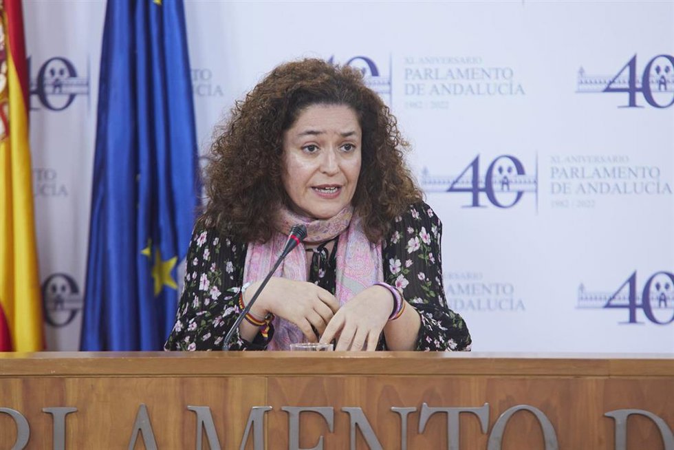 La portavoz del Grupo Parlamentario Por Andalucía, Inmaculada Nieto, durante la ronda de ruedas de prensa de portavoces de los grupos parlamentarios con motivo de la reunión de la Mesa y de la Junta de Portavoces en el Parlamento de Andalucía, a 14 de d