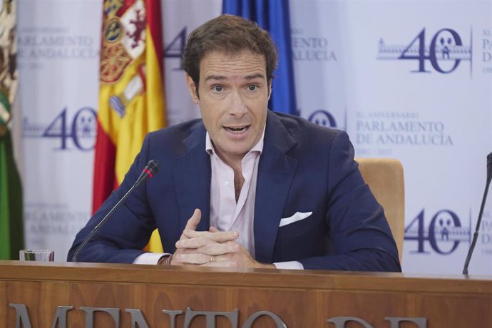 El portavoz adjunto del Grupo Parlamentario Vox, Javier Cortés, durante la ronda de ruedas de prensa de portavoces de los grupos parlamentarios con motivo de la reunión de la Mesa y de la Junta de Portavoces en el Parlamento de Andalucía, a 14 de diciem
