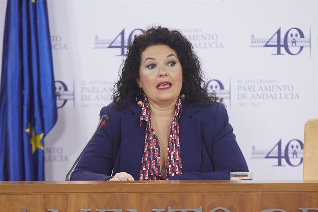 La presidenta del Grupo Parlamentario Mixto-Adelante Andalucía, Maribel Mora, este miércoles en rueda de prensa. 