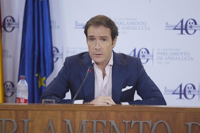 El portavoz adjunto del Grupo Parlamentario Vox, Javier Cortés, durante la ronda de ruedas de prensa de portavoces de los grupos parlamentarios con motivo de la reunión de la Mesa y de la Junta de Portavoces en el Parlamento de Andalucía, a 14 de diciem