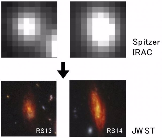 Como una mejora notable con respecto a la imagen IRAC anterior (arriba), la resolución espacial sin precedentes de JWST y la alta sensibilidad IR revelan los detalles morfológicos de las galaxias espirales rojas (abajo) RS13 y RS14.