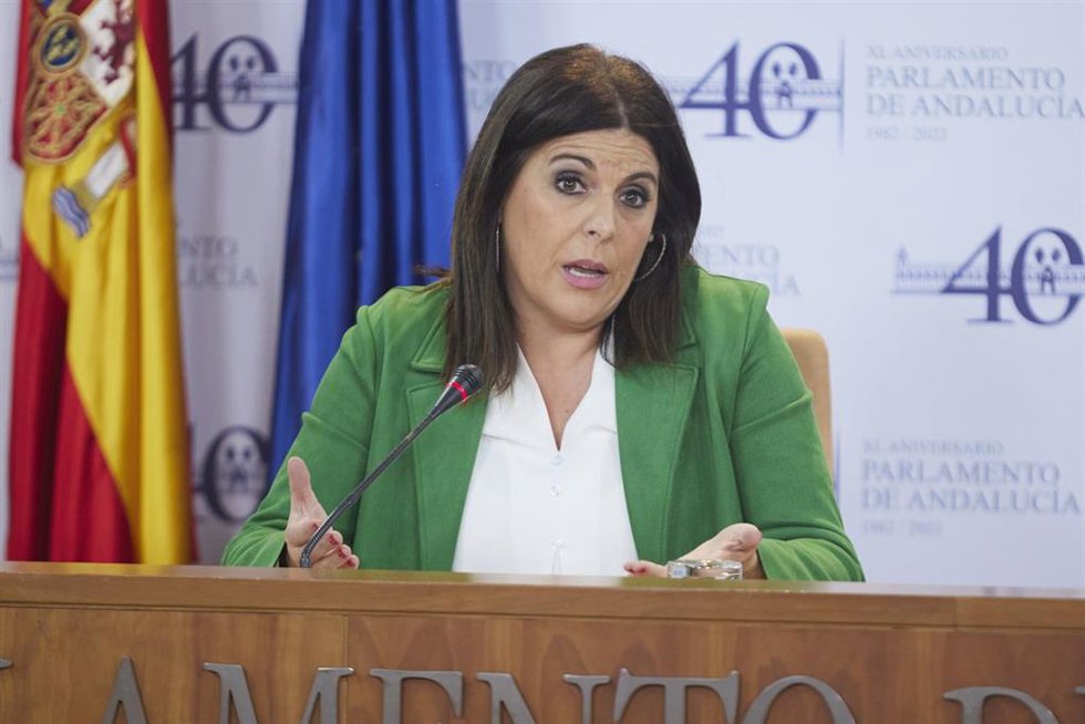 La portavoz del Grupo Parlamentario Socialista, Ángeles Férriz, durante la ronda de ruedas de prensa de portavoces de los grupos parlamentarios con motivo de la reunión de la Mesa y de la Junta de Portavoces en el Parlamento de Andalucía, a 14 de diciem