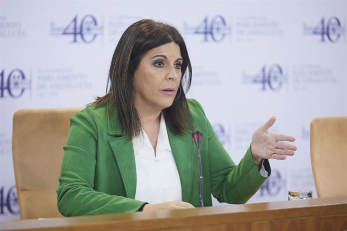 La portavoz del Grupo Parlamentario Socialista, Ángeles Férriz, durante la ronda de ruedas de prensa de portavoces de los grupos parlamentarios con motivo de la reunión de la Mesa y de la Junta de Portavoces en el Parlamento de Andalucía, a 14 de diciem