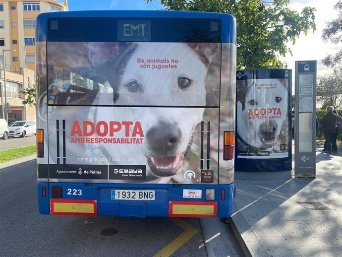 Bus de la EMT Palma rotulado con el lema de la campaña 'Adopta con responsabilidad'.
