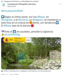 Tuit de la CHD sobre la situación de los ríos.