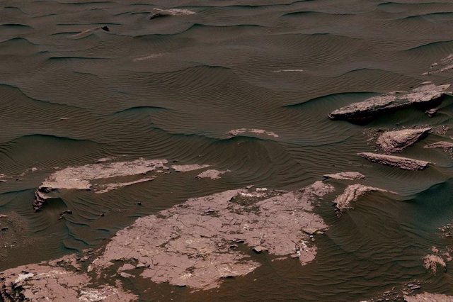 Esta vista del rover Curiosity Mars de la NASA muestra dos escalas de ondas, además de otras texturas en un área donde la misión examinó una duna en el campo de dunas de Bagnold en la parte inferior del Monte Sharp.