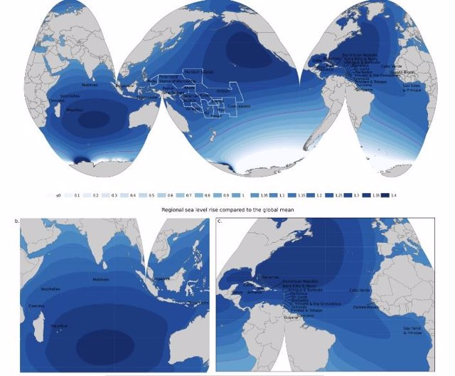 La distribución espacial de la contribución antártica al aumento del nivel del mar en 2100 (en relación con 2000) en uno de los escenarios de emisiones intermedias del IPCC.
