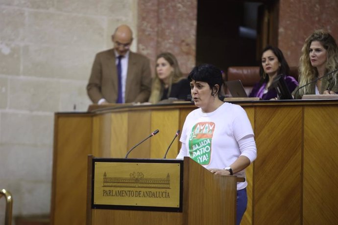 Carmen Yuste interviene ante el Pleno del Parlamento andaluz como portavoz de la comisión promotora de la Iniciativa Legislativa Popular para una bajada de ratios en Andalucía.