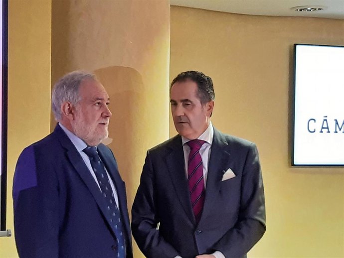 El presidente de la Cámara de Bilbao, José Ignacio Zudaire, acompañado por el secretario general de la entidad, Mikel Arieta-araunabeña.