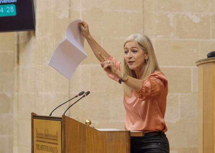 La consejera de Desarrollo Educativo y Formación Profesional, Patricia del Pozo, en el Pleno del Parlamento andaluz.