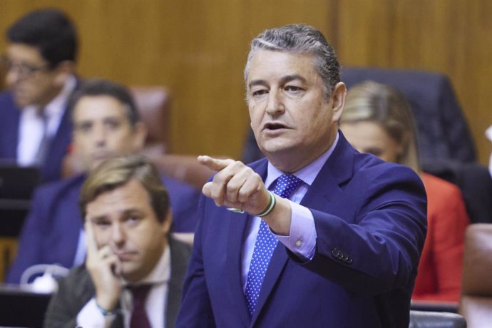 El consejero de Presidencia, Interior y Diálogo Social de la Junta de Andalucía, Antonio Sanz, en el pleno del Parlamento.