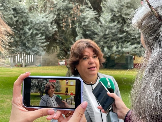 La portavoz del PP en la Diputación de Sevilla, María Eugenia Moreno, atiende a los medios en el patio del organismo provincial.
