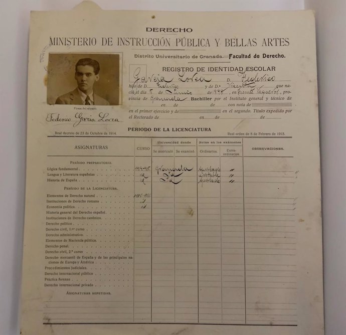 Ficha del registro de García Lorca en la Facultad de Derecho de la Universidad de Granada.