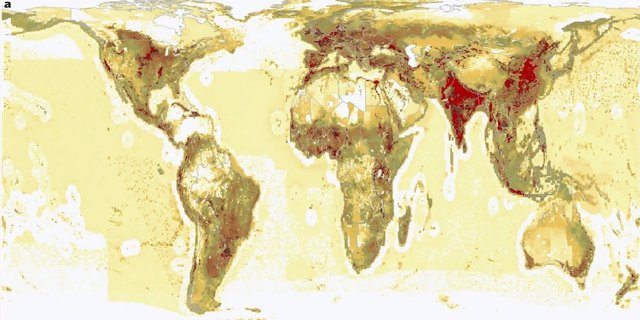 Del beige (menos) al rojo (más), el mapa muestra el impacto global de la producción de alimentos sobre el medio ambiente. India y China ejercen la mayor presión sobre el medio ambiente.