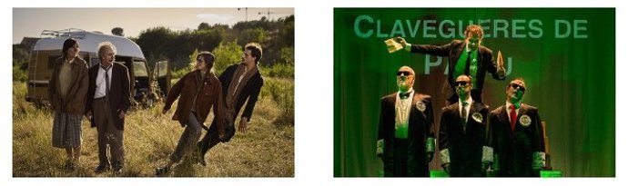 Carteles de los espectáculos 'Travy' de Pau Matas Nogué y Oriol Pla Solina y 'La gran farsa (els jutges no porten botons vermells de toga)' de Santiago Fondevila en la sala Beckett de Barcelona