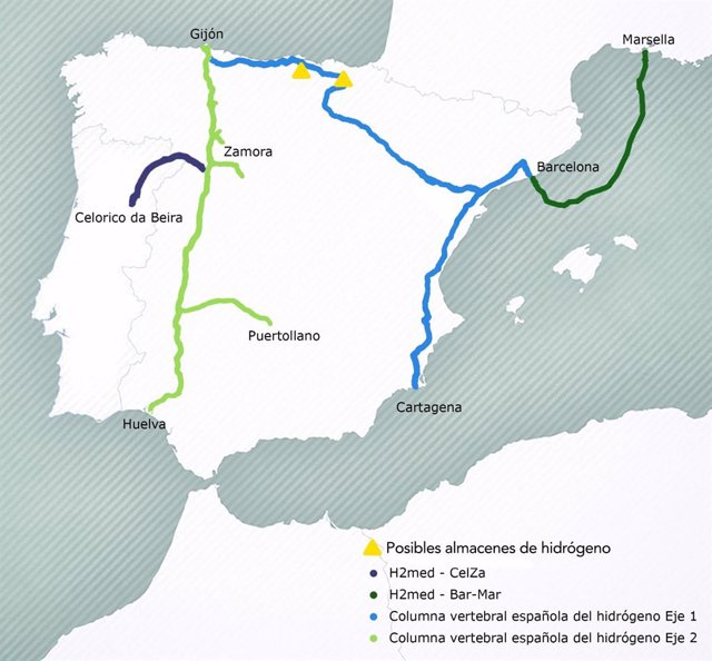Trazado del corredor de hidrógeno verde  H2Med entre Portugal, España y Francia