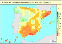 La falta de lluvias acumulada en España del 1 de octubre al 13 de diciembre de 2022 es de un 4% por debajo de los valores normales.