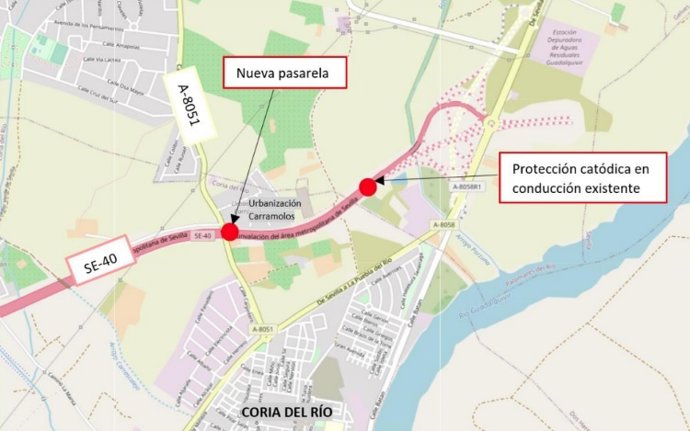 Plano donde irá ubicada la nueva pasarela peatonal, en el cruce de la SE-40 con la A-8051.