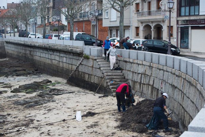 Voluntarios y agentes rurales de la zona recogen los restos de chapapote mezclados con algas, a 13 de diciembre de 2022, en Illa de Arousa, Pontevedra, Galicia.