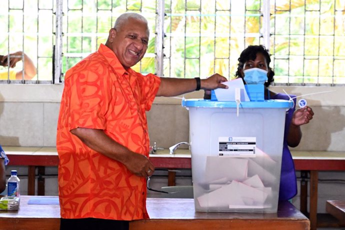 Fijis Prime Minister and FijiFirst leader Frank Bainimarama leaves after voting at the Yat Sen Secondary School polling station during the Fijian election campaign in Suva, Fiji, Wednesday, December 14, 2022. A total of 342 candidates from nine politic
