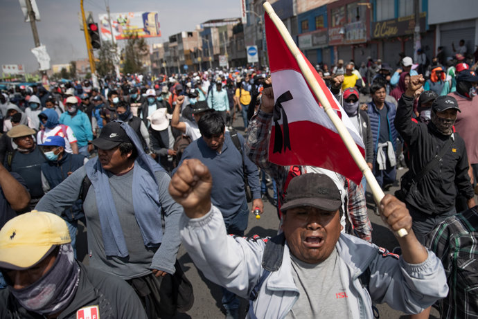 14 December 2022, Peru, Arequipa: Supporters of deposed Peruvian President Castillo take part in a protest. 