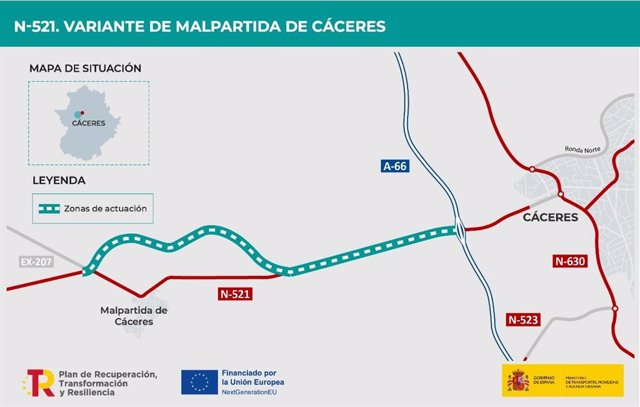 Adjudicadas por 35,6 millones de euros las obras de la variante de Malpartida de Cáceres en la carretera N-521