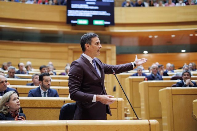 El presidente del Gobierno, Pedro Sánchez, interviene durante una sesión de control al Gobierno en el Senado, a 22 de noviembre de 2022, en Madrid (España). El PP intensifica su ofensiva contra el jefe del Ejecutivo centrándose en dos de los frentes que t