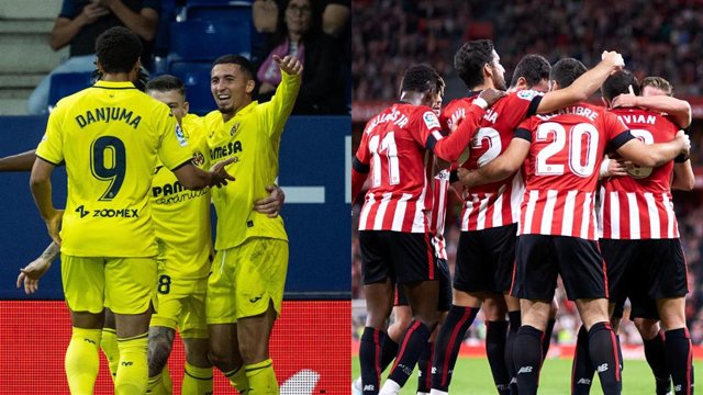 Jugadores del Villarreal celebran un gol en LaLiga Santander 2022-2023 (Izquierda), y futbolistas del Athletic Club festejan un tanto.