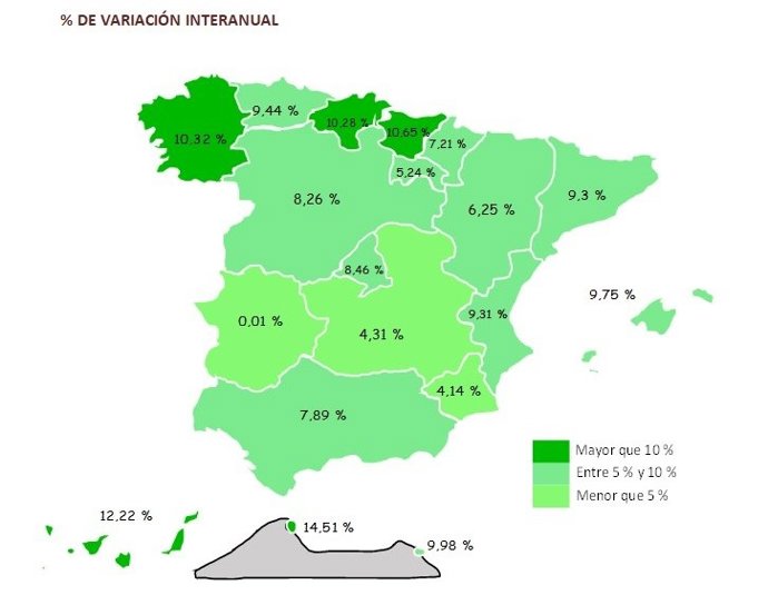 Mapa elaborado por el Ministerio de Inclusión sobre la evolución de la afiliación de trabajadores extranjeros en noviembre de 2022