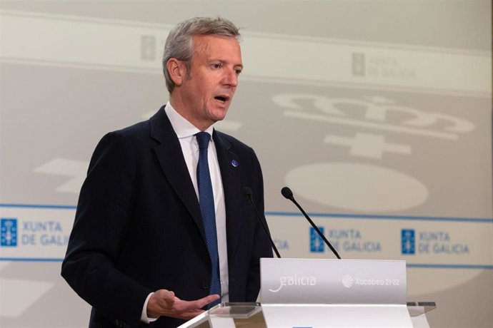 El presidente de la Xunta, Alfonso Rueda, en la rueda de prensa tras la reunión semanal del Gobierno gallego.