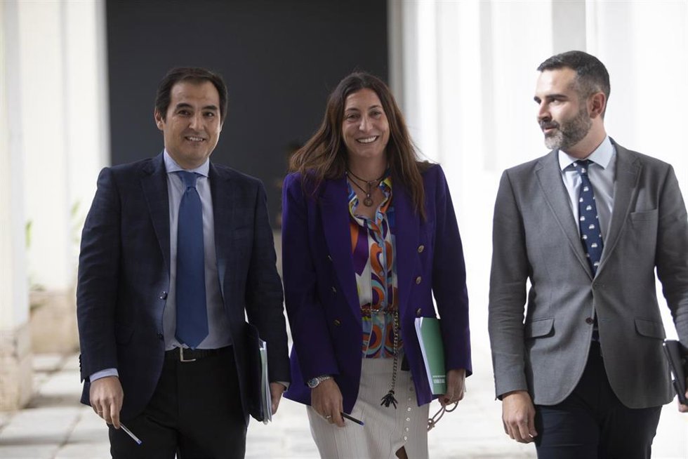 El consejero de Justicia, José Antonio Nieto, la consejera de Inclusión Social, Loles López, y el consejero y portavoz del Gobierno, Ramón Fernández-Pacheco, este martes antes del inicio de la rueda de prensa del Consejo de Gobierno. 
