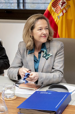 La vicepresidenta primera y ministra de Asuntos Económicos y Transformación Digital, Nadia Calviño, preside la reunión del Patronato de la Fundación Internacional y para Iberoamérica de Administración y Políticas Públicas (FIIAPP), en la sede del Minist