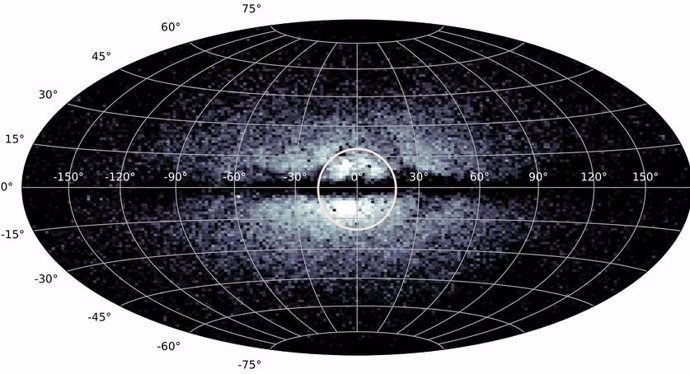 Mapa de las estrellas gigantes especialmente pobres en metal identificadas a partir de los datos de Gaia DR3 que muestra, como una región concentrada (marcada con un círculo), las estrellas del "viejo y pobre corazón" de la Vía Láctea.